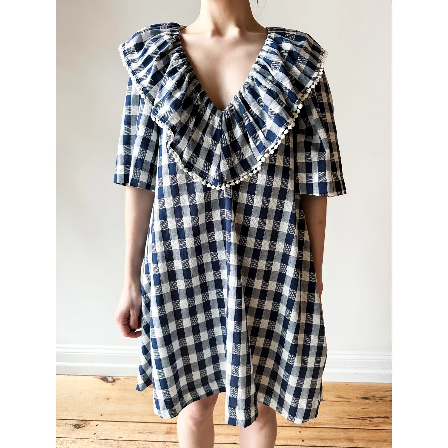 Carleen Ruffle Dress in Navy Gingham - Image 4