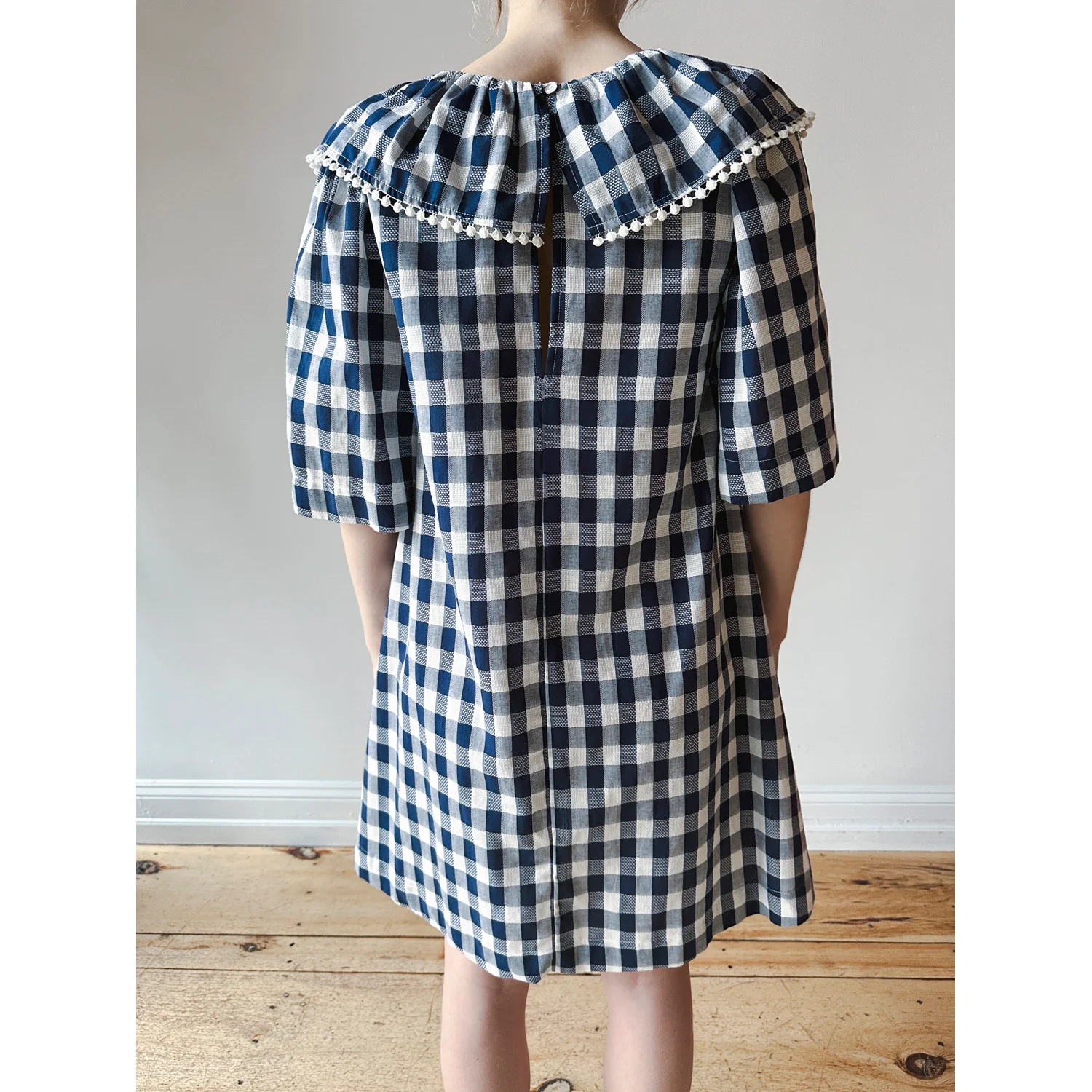 Carleen Ruffle Dress in Navy Gingham - Image 6