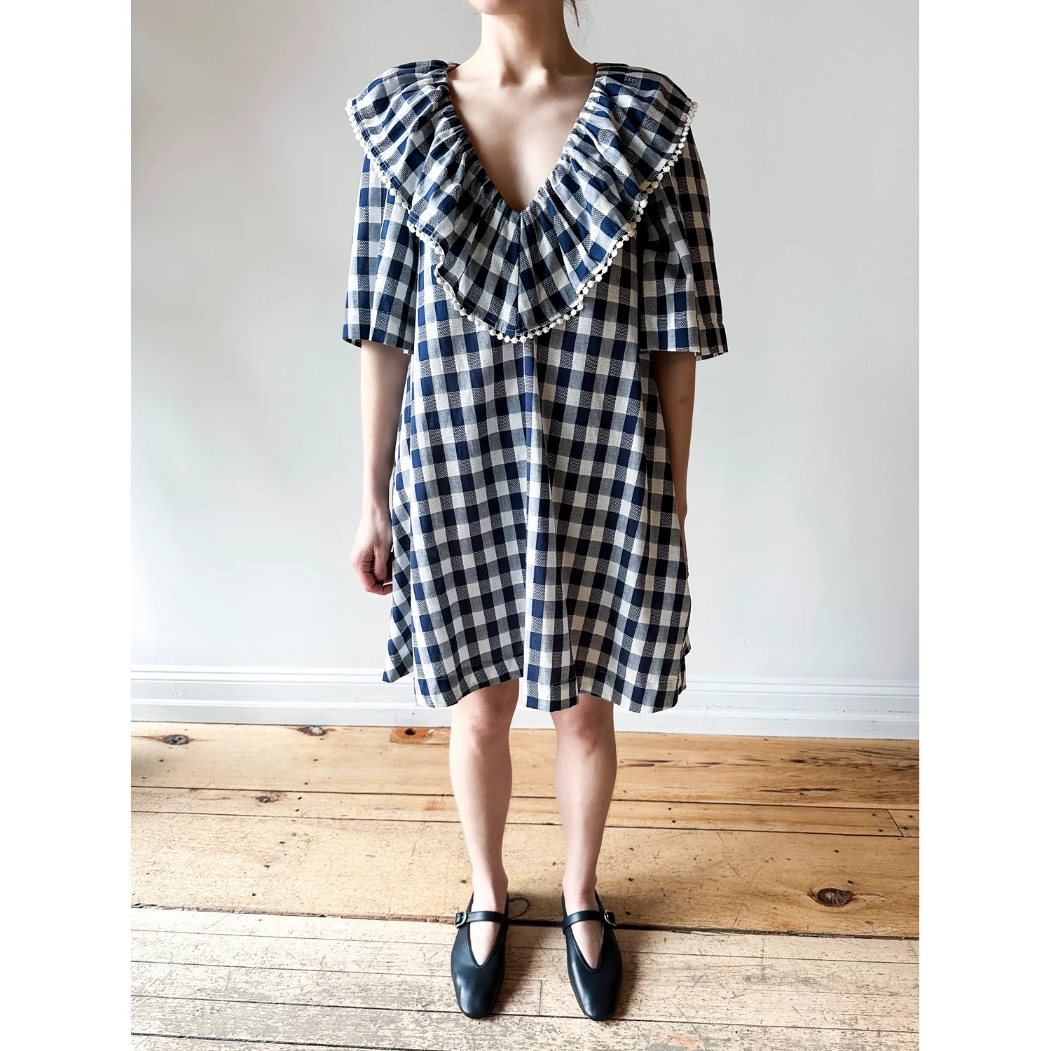 Carleen Ruffle Dress in Navy Gingham - Image 7