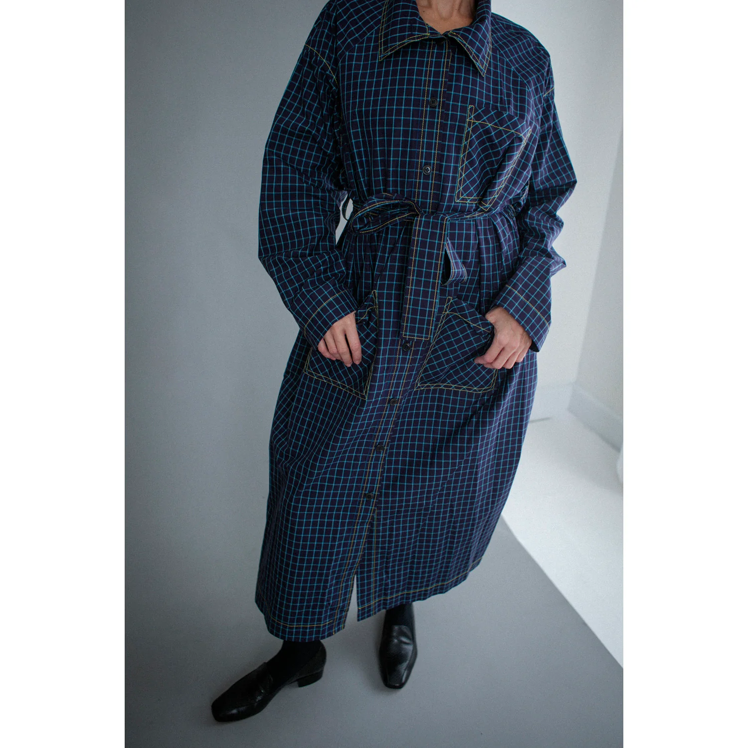 Kasmaria Trench Dress in Blue Windowpane Check - Image 4