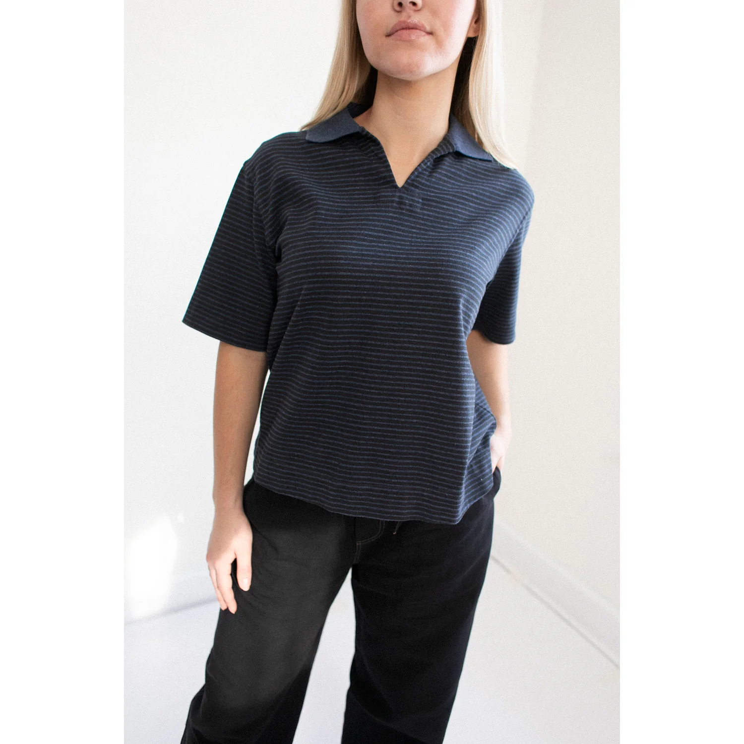 MHL. Boxy Polo in Indigo/Ink Dry Stripe Cotton Jersey - Image 5