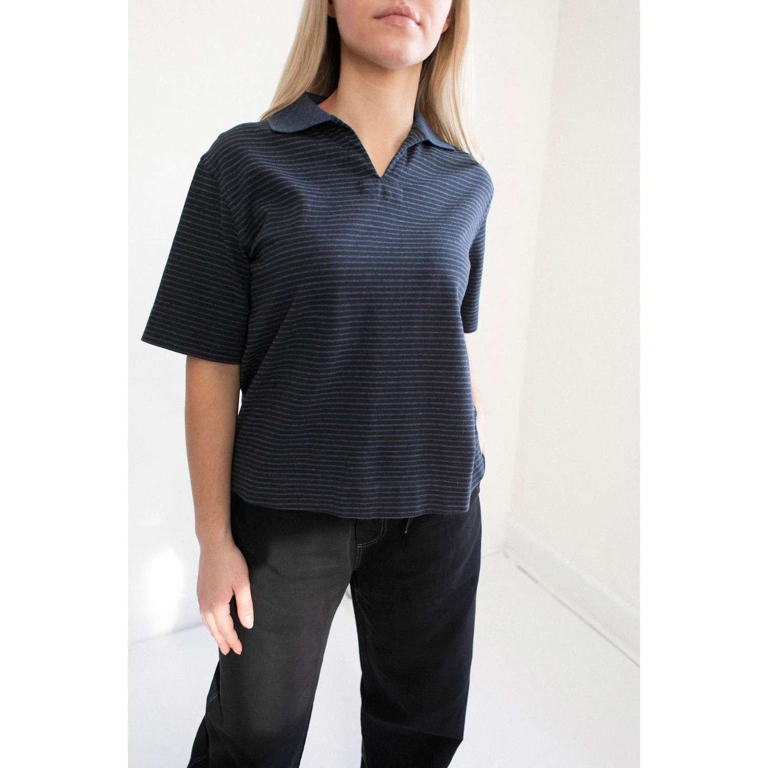 MHL. Boxy Polo in Indigo/Ink Dry Stripe Cotton Jersey - Image 6