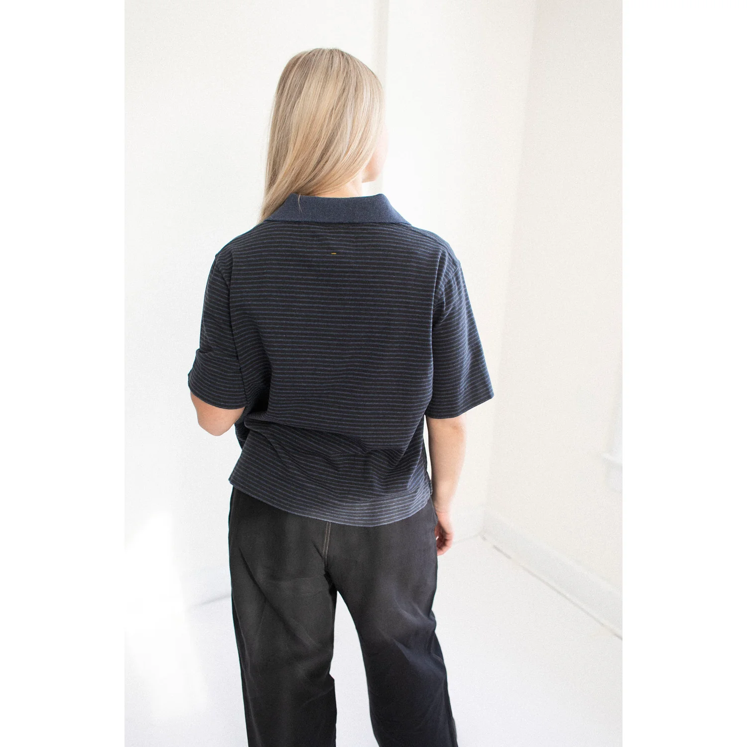 MHL. Boxy Polo in Indigo/Ink Dry Stripe Cotton Jersey - Image 8