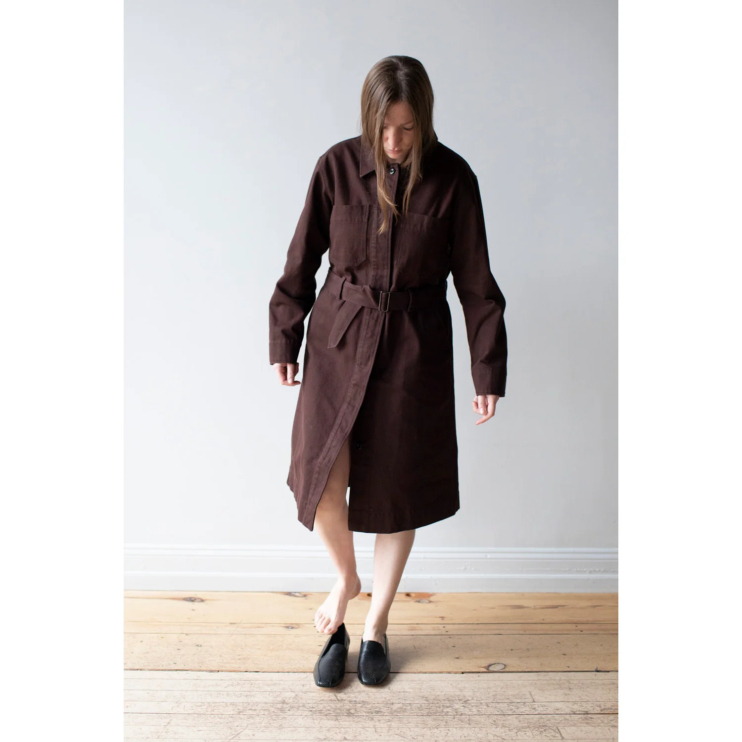 MHL. Overall Dress in Mahogany Worn Cotton Drill - Image 4