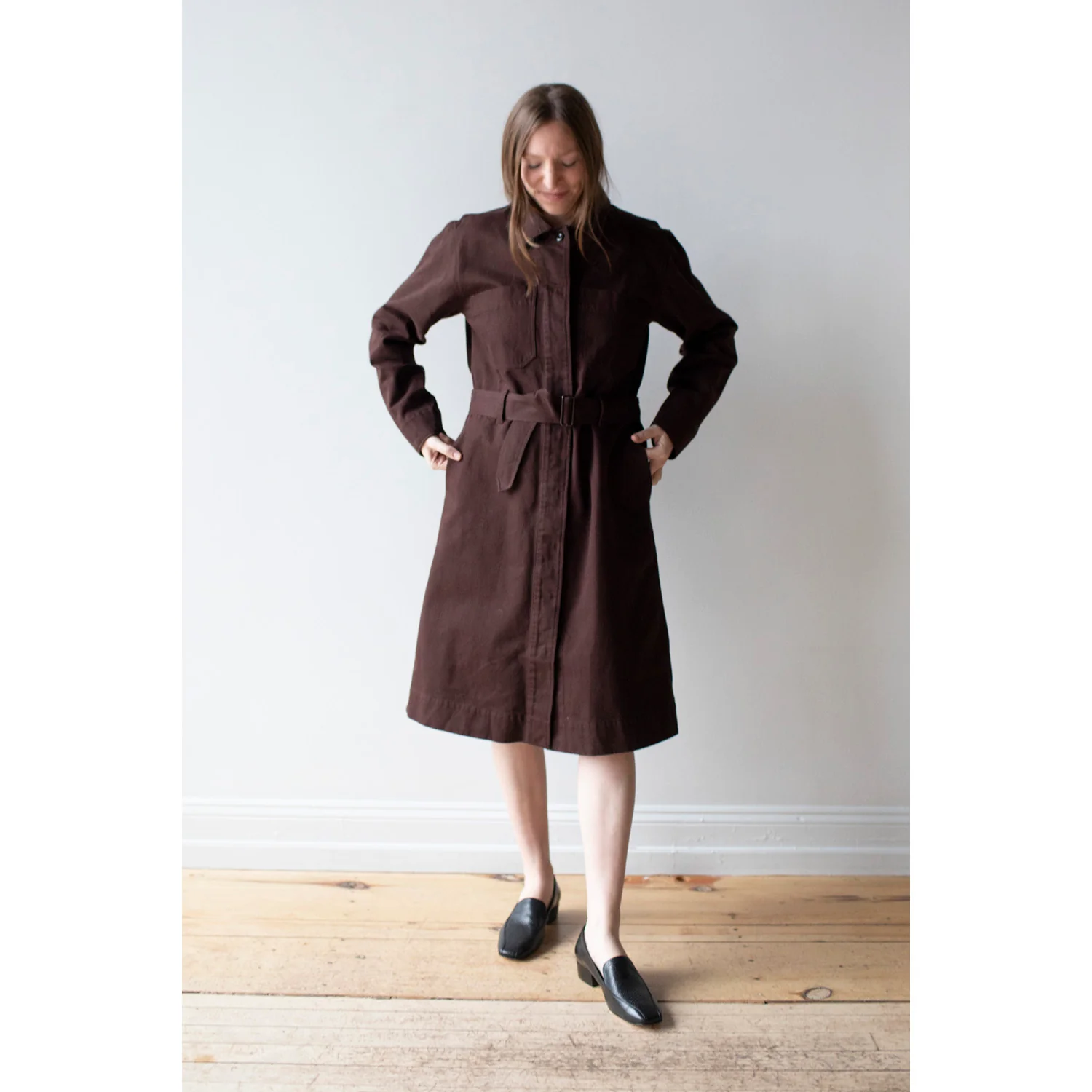 MHL. Overall Dress in Mahogany Worn Cotton Drill - Image 5