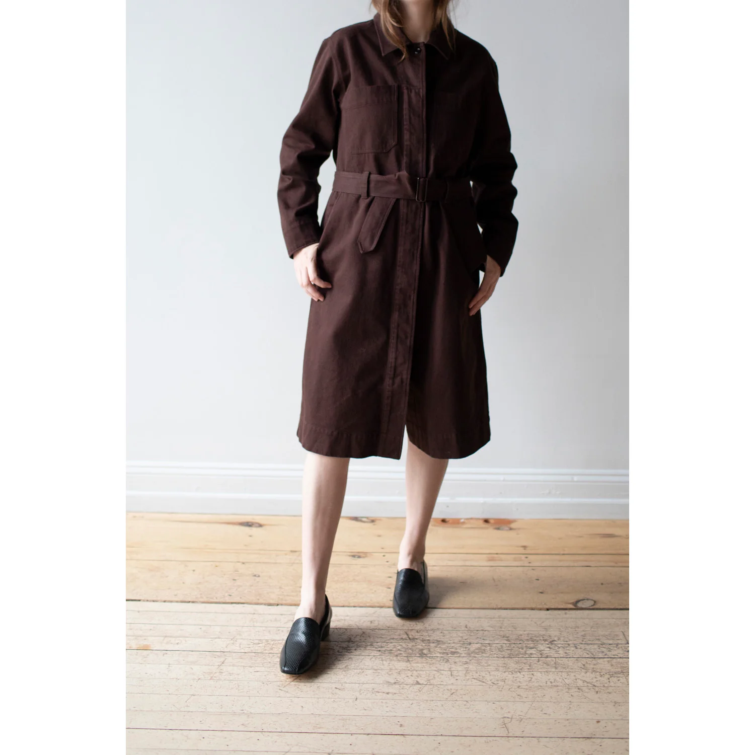MHL. Overall Dress in Mahogany Worn Cotton Drill - Image 6
