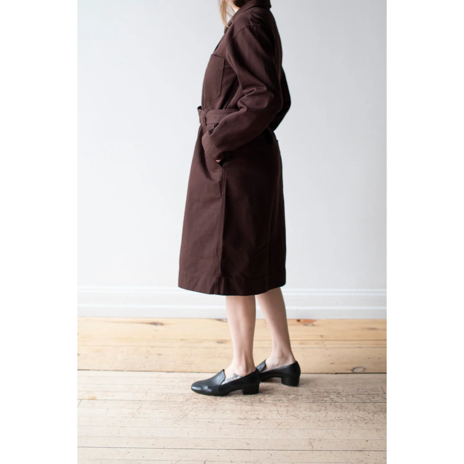 MHL. Overall Dress in Mahogany Worn Cotton Drill - Image 7