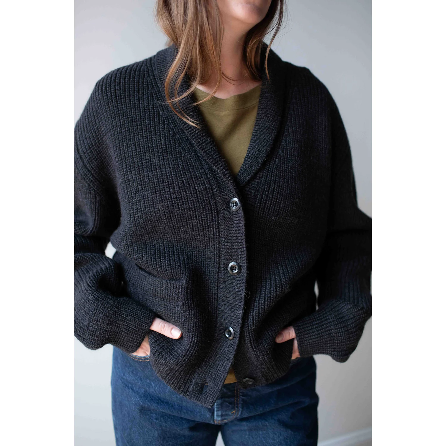 MHL. Shawl Collar Cardigan in Charcoal Wool - Image 4