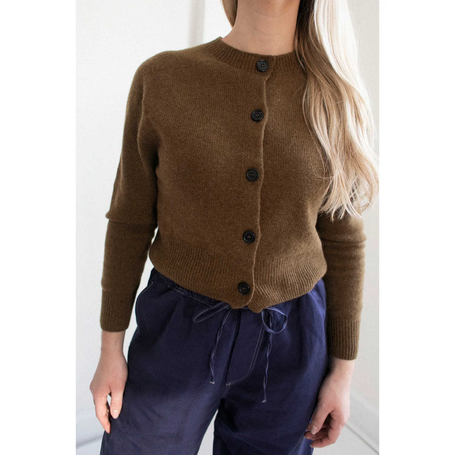 Margaret Howell Small Crew Neck Cardigan in Tobacco Merino Cashmere - Image 6